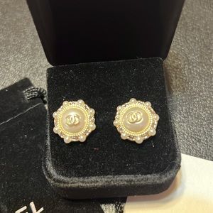 CHANEL Gold Pearl CC Logo Button Earrings